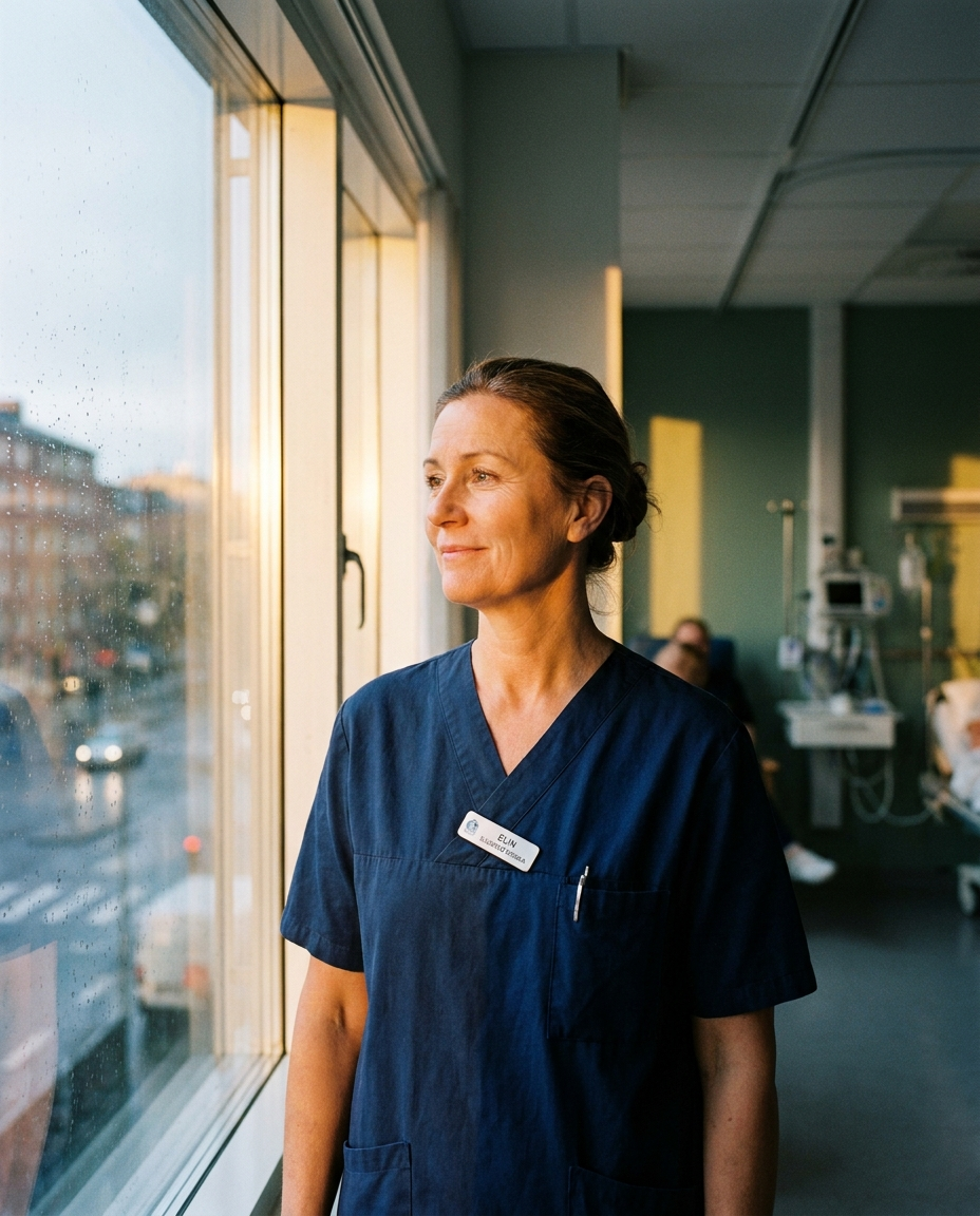 Sjuksköterska i arbetskläder på en vårdavdelning, med patientrum i bakgrunden